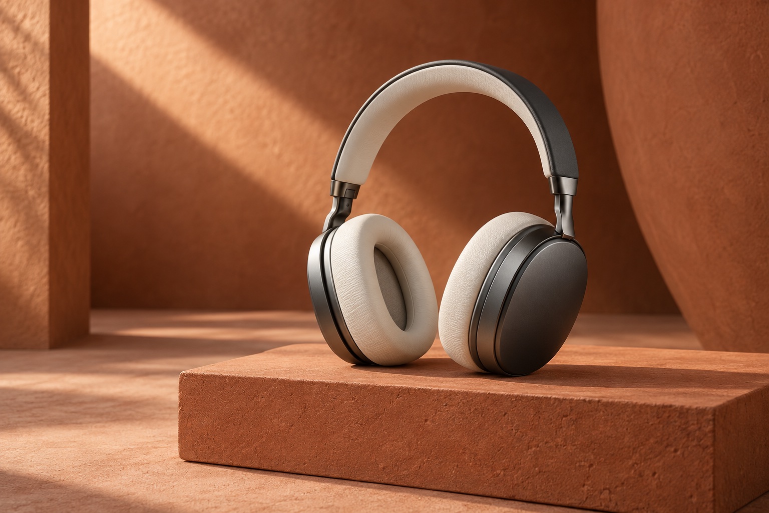 Fictional graphite and cream headphones naturally resting on a terracotta plinth in warm architectural light
