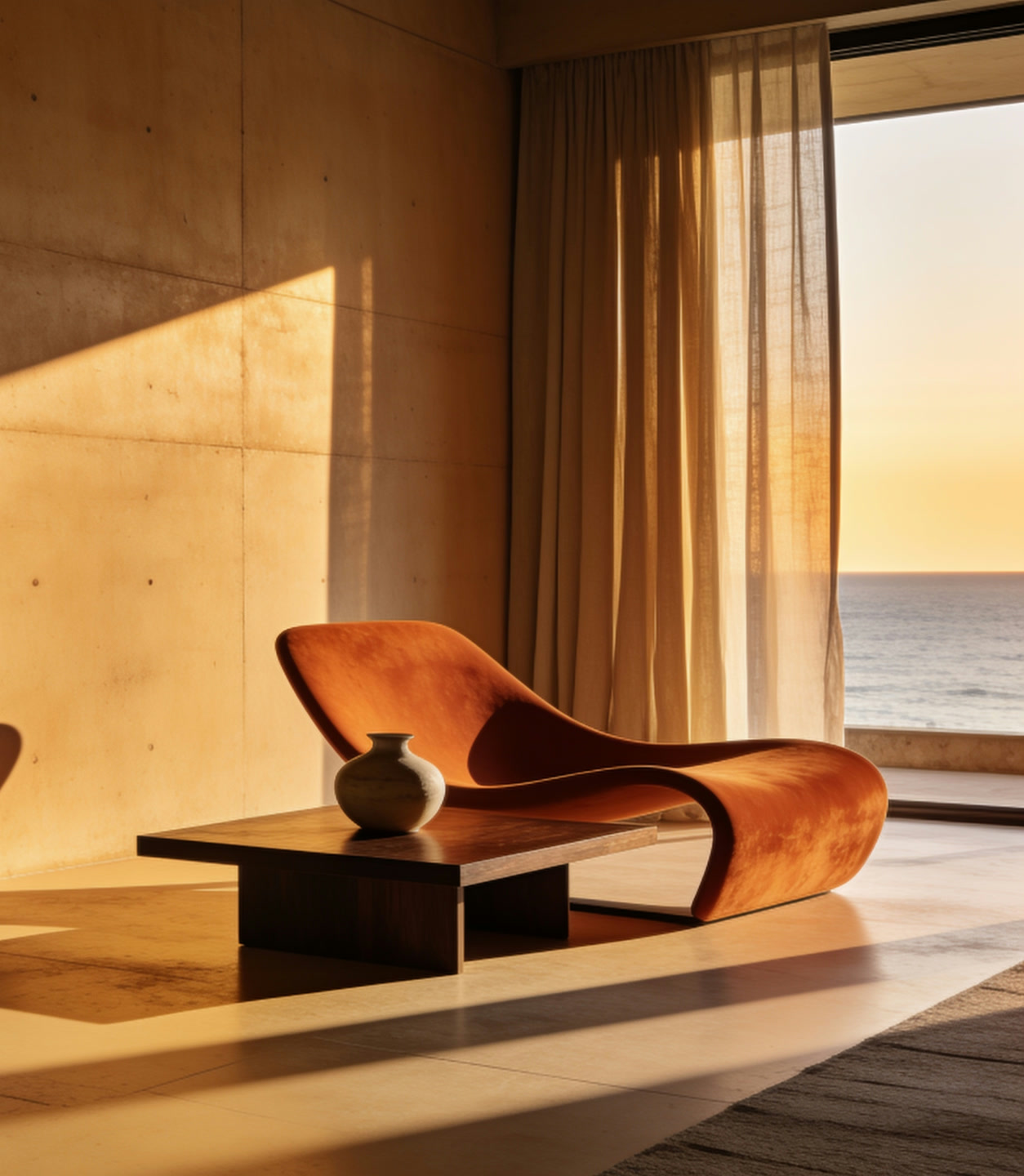 Sculptural lounge chair in a warm coastal hospitality setting
