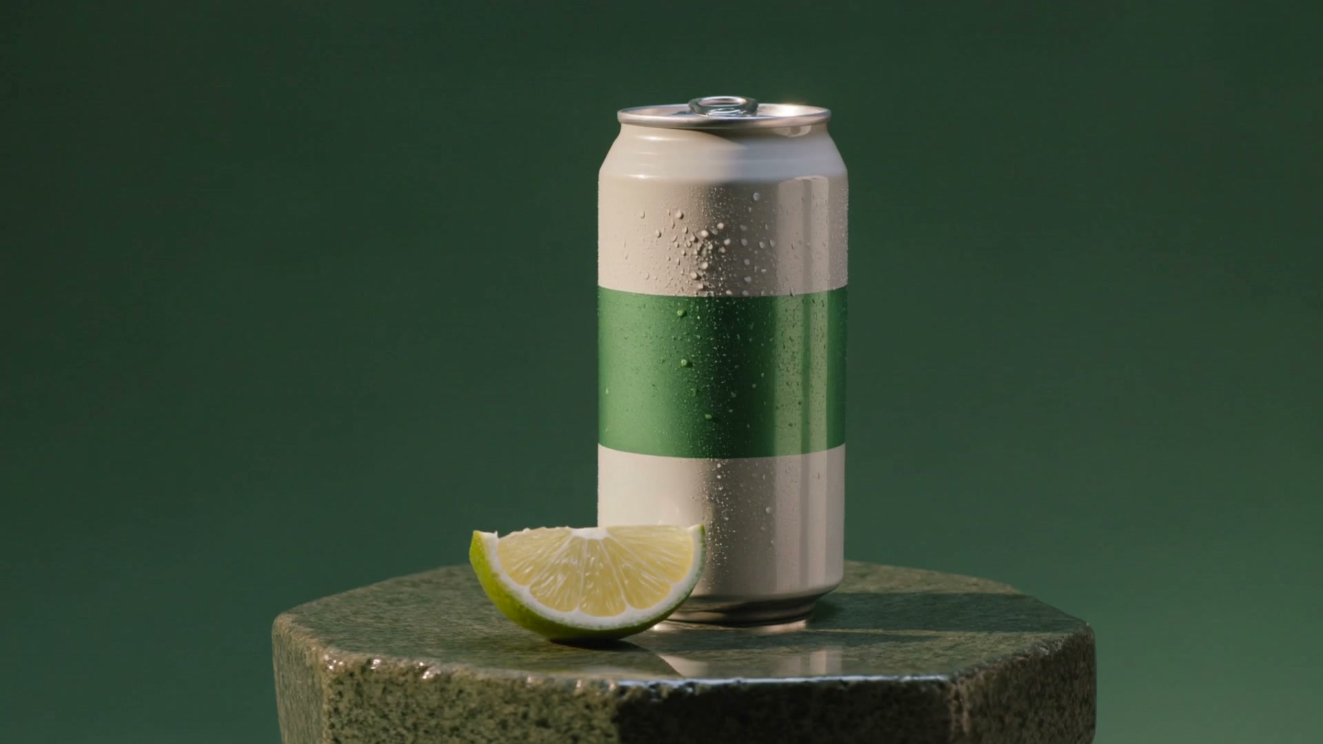Fictional ivory and forest-green beverage can with condensation on dark stone