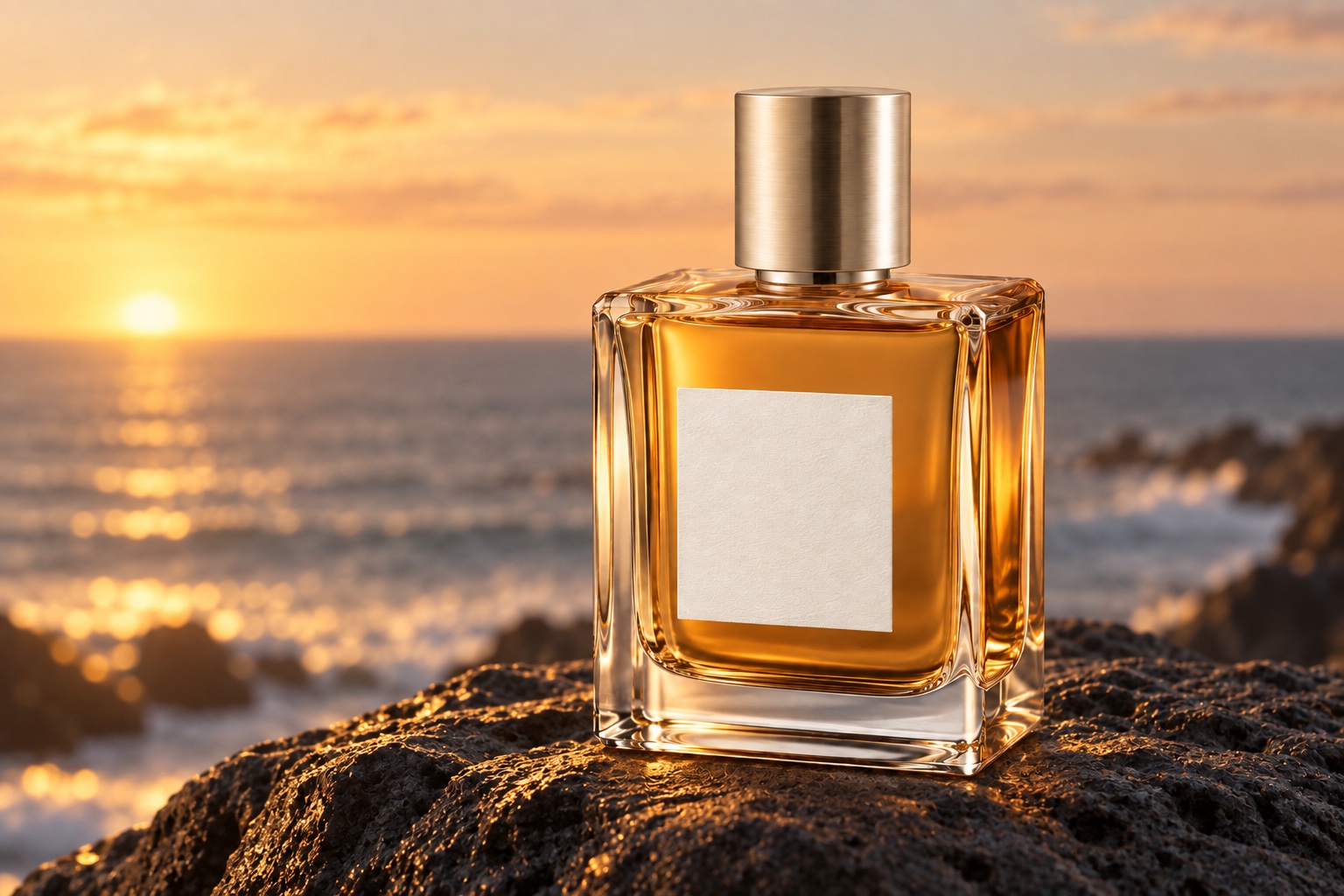 Fictional amber fragrance bottle in a cinematic coastal setting